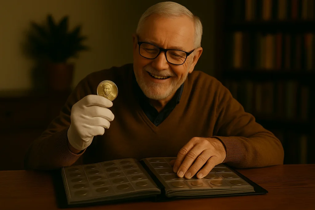 An elderly coin collector smiles as he holds a pristine Zachary Taylor dollar in gloved hands, flipping through his coin album.