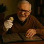 An elderly coin collector smiles as he holds a pristine Zachary Taylor dollar in gloved hands, flipping through his coin album.