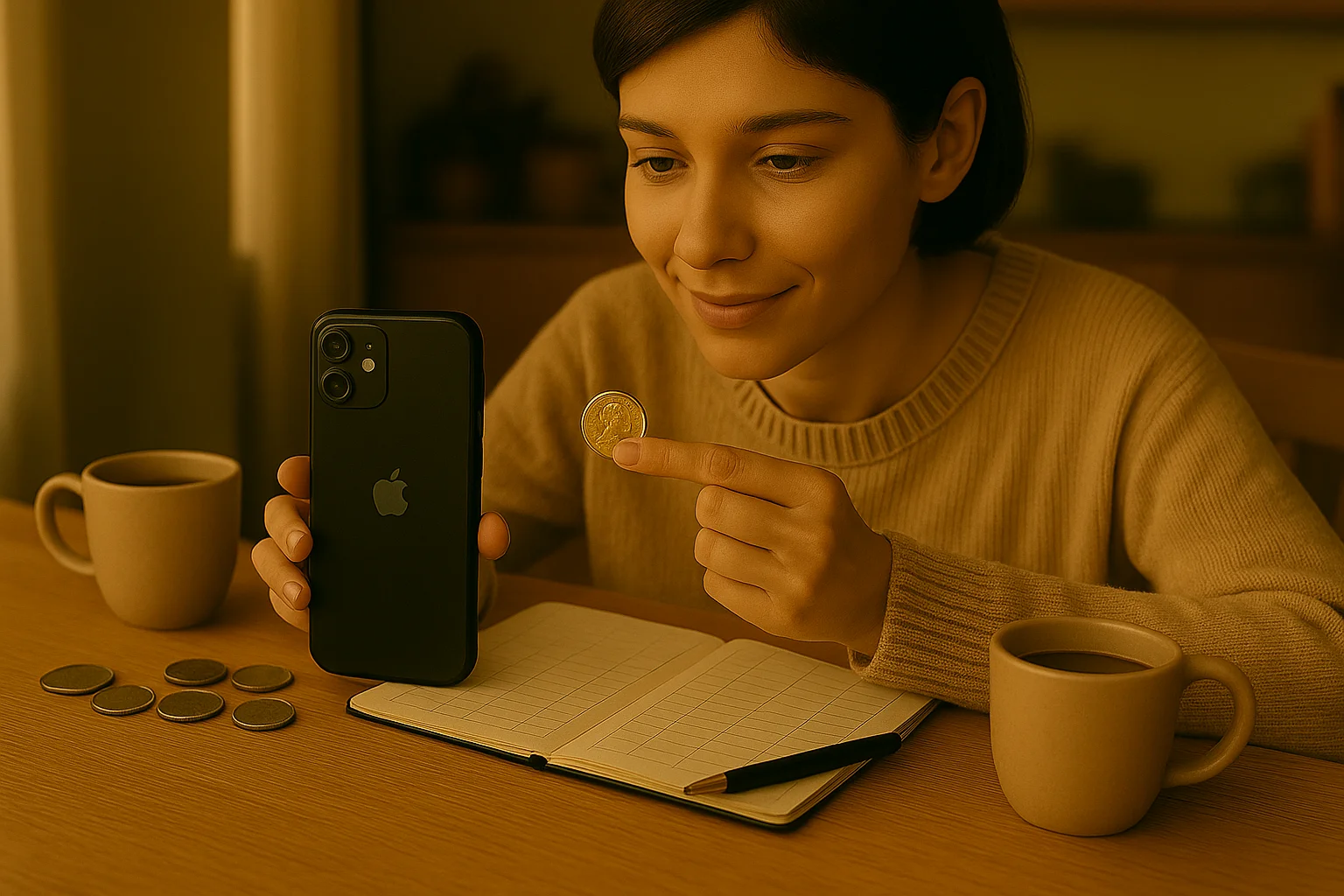 A young woman scans a Zachary Taylor dollar coin with her smartphone at the kitchen table, carefully examining its features.