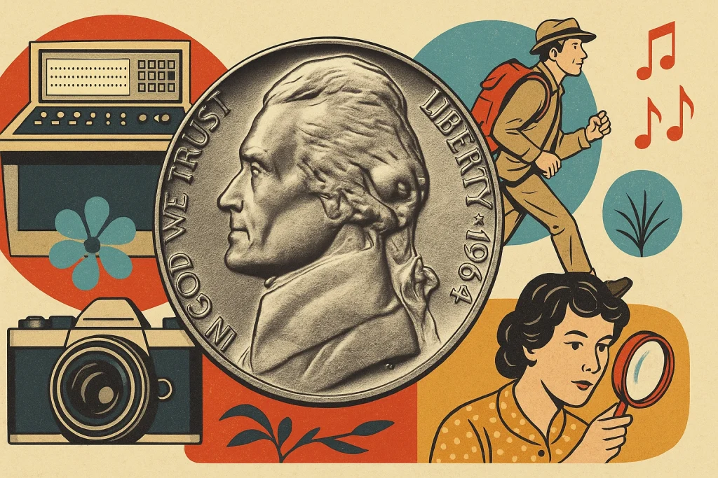 An aesthetic collage with a 1964 nickel coin.