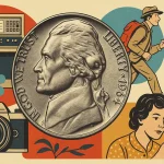 An aesthetic collage with a 1964 nickel coin.