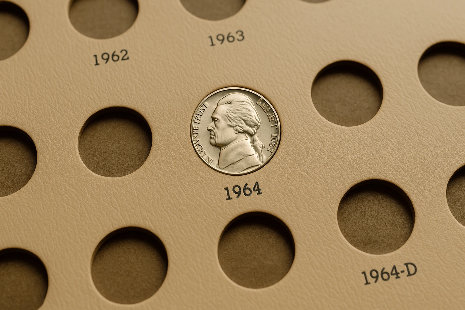 A 1964 nickel is lying in the coin album.