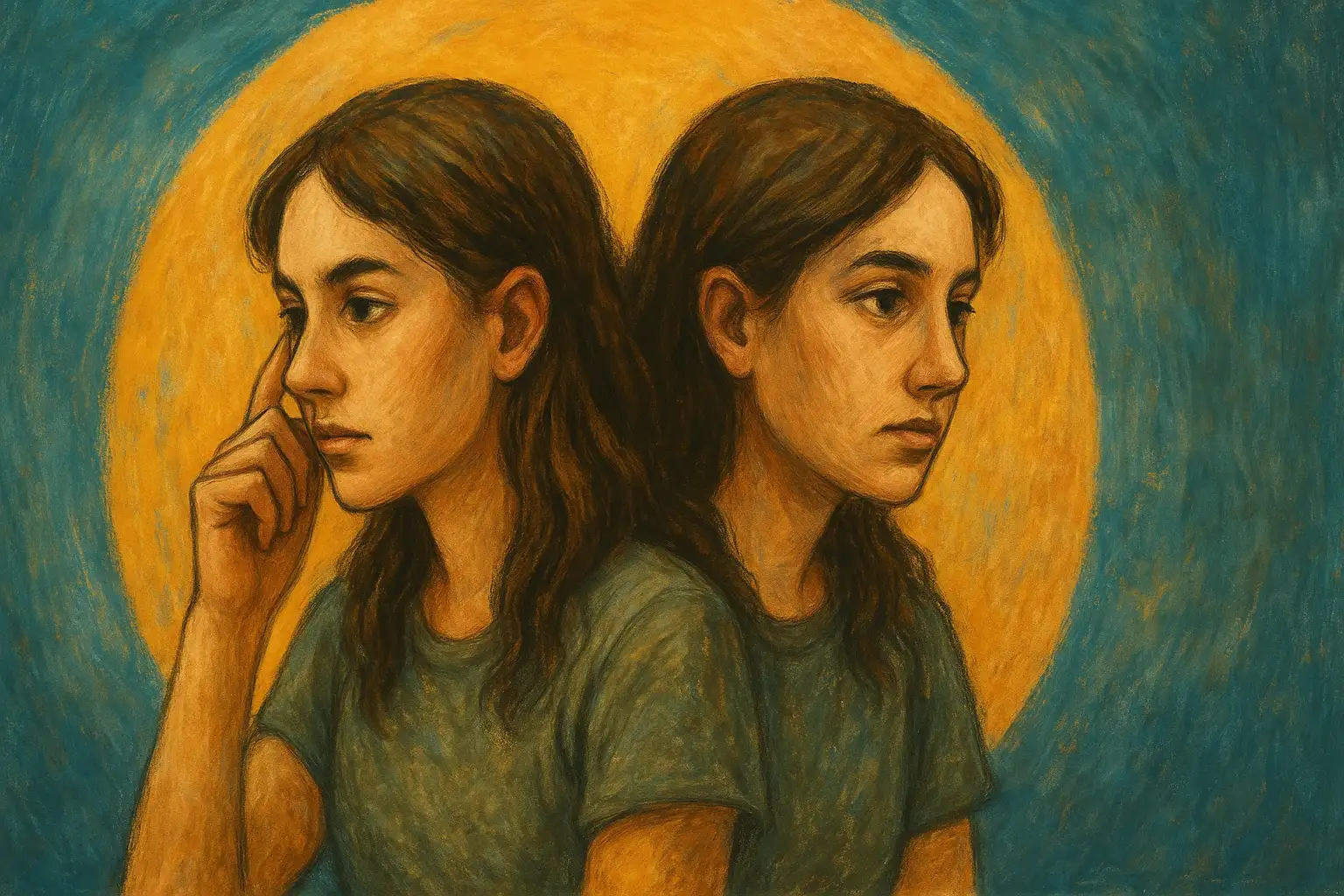 A woman is having an inner dialog.
