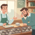 man checks the coins at the store