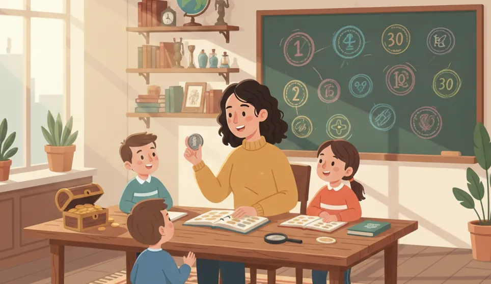 woman shows the token to the kids