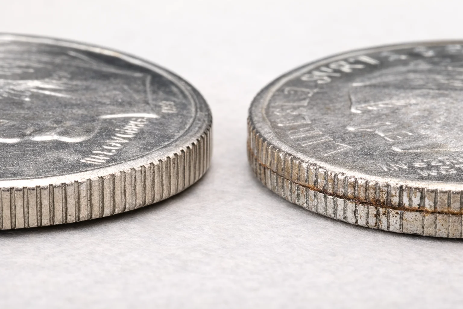 Coin edge comparison showing a normal reeded edge and a suspicious altered edge.