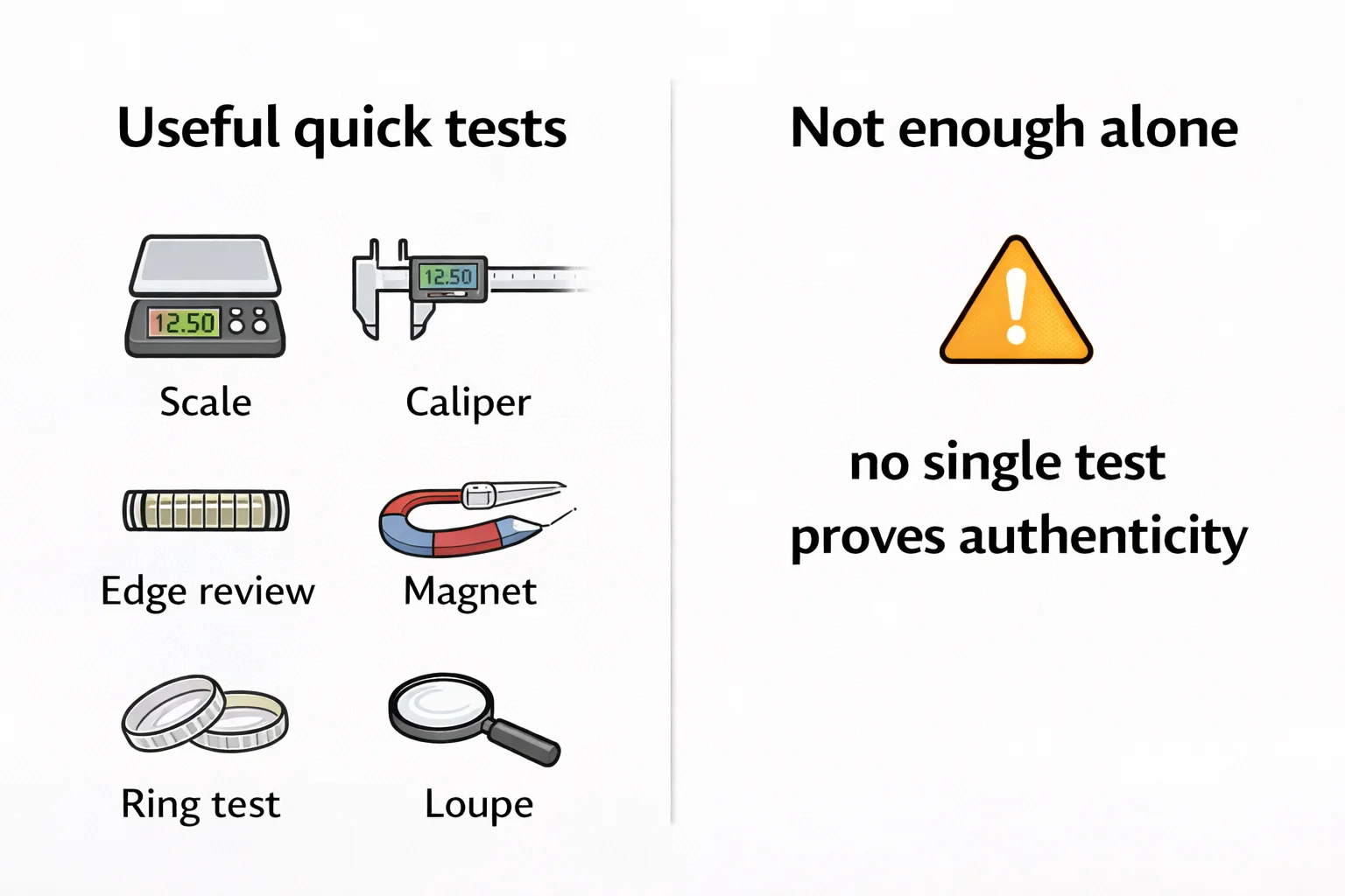 Coin authentication checklist infographic with quick tests and a warning against relying on one test.